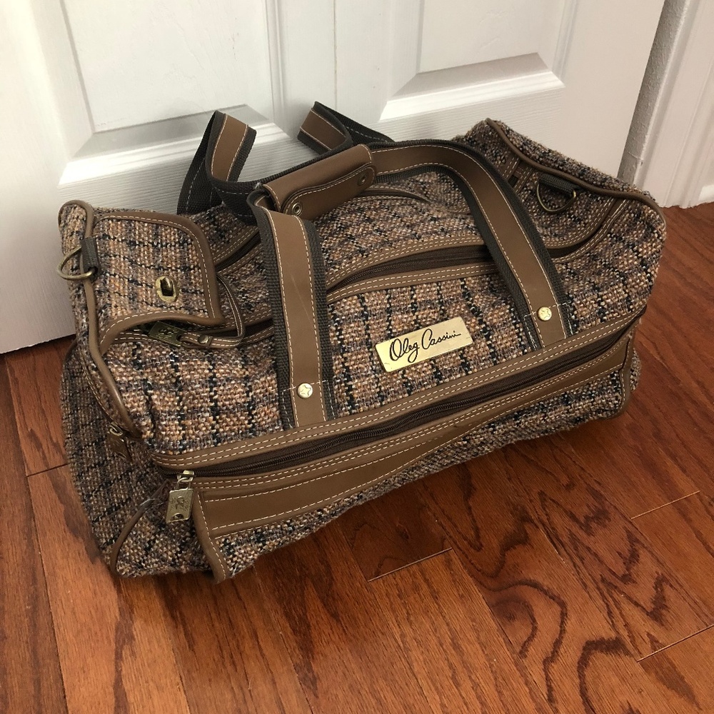 Oleg Cassini Brown Plaid Duffel Bag